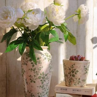 绿色简约花盆碎花多肉花盆绿植家居摆件复古陶瓷花瓶冰花瓶裂纹