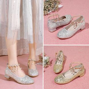 好货水晶钢琴演出鞋走秀高跟银色成人礼公主礼服鞋女低跟学生合唱