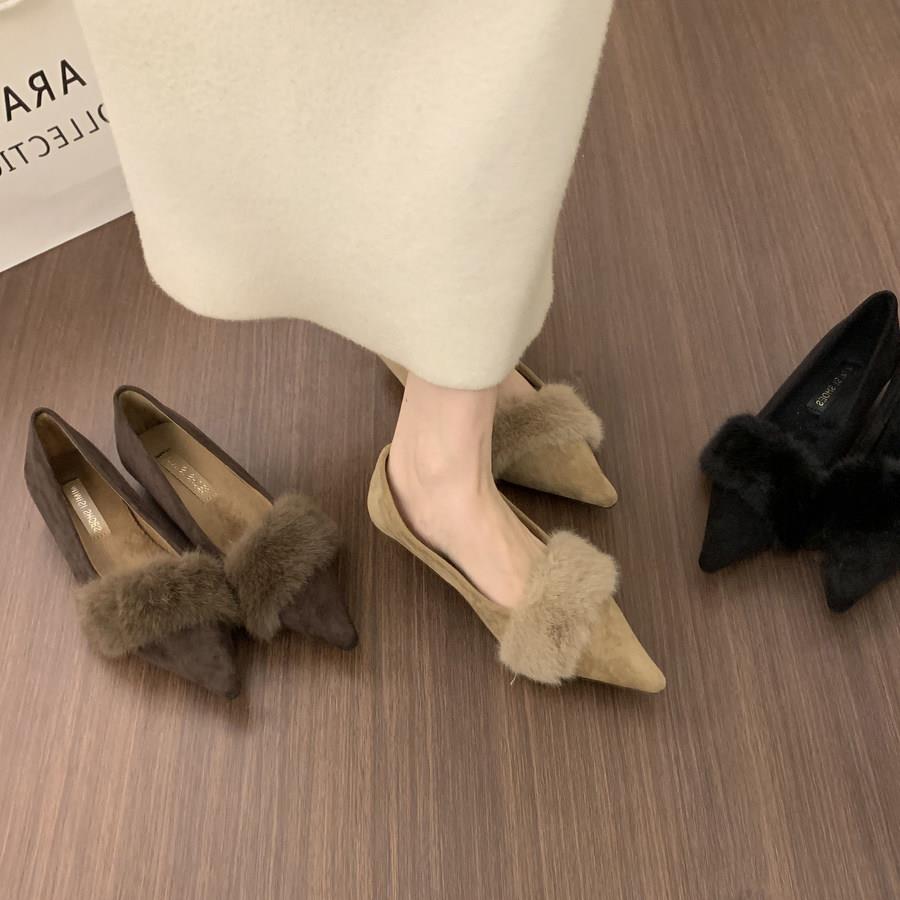 新品法式小众绒面尖头浅口瓢鞋女鞋子一脚蹬通勤坡跟单鞋加绒保暖