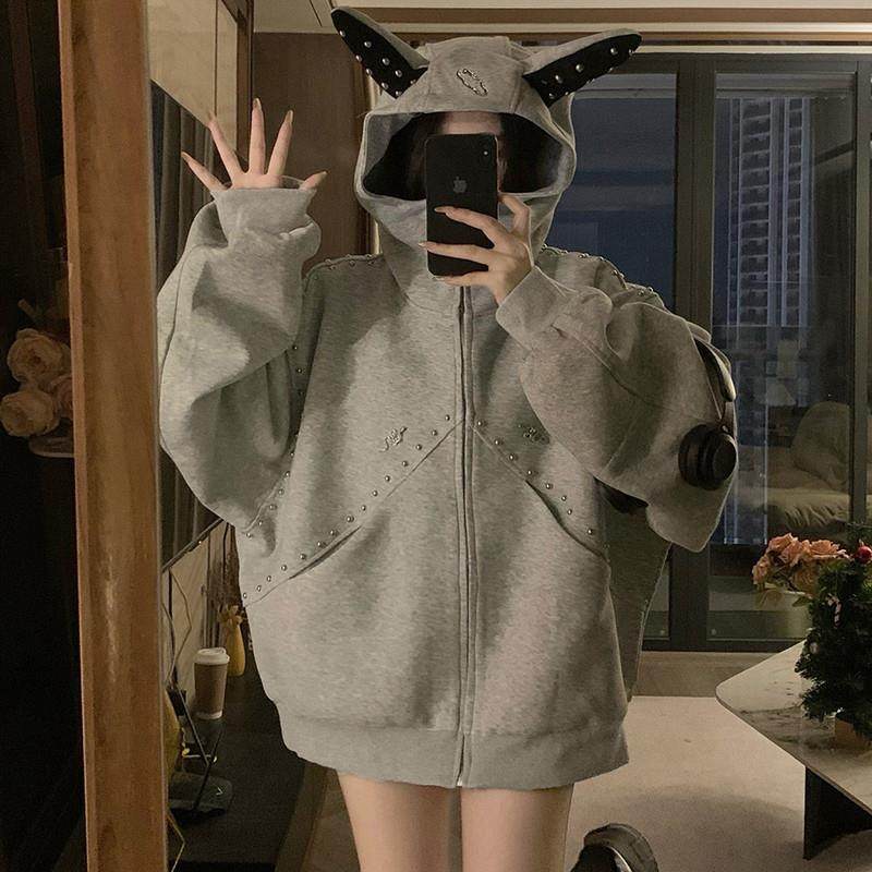 好货连帽卫衣外套少女春秋2025新款初中高中学生休闲复古宽松拼接