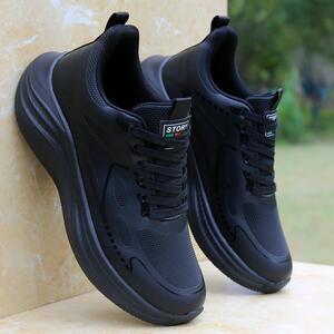 好货男鞋春秋季皮面防水运动鞋百搭黑色防滑耐磨轻便男士跑步休闲