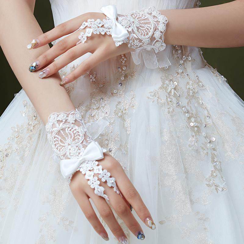 推荐新娘婚纱手套白色蕾丝蝴蝶结婚手套婚庆婚礼手套短款大码绑带