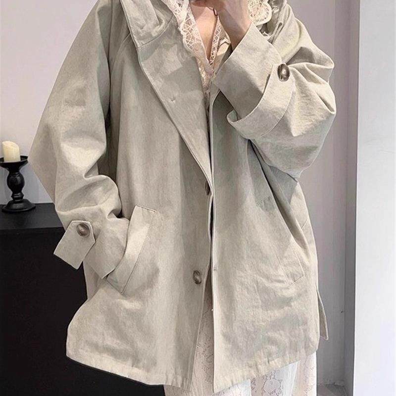 好货欧货蕾丝连帽长袖风衣外套女2025秋季大码宽松显瘦中长款洋气