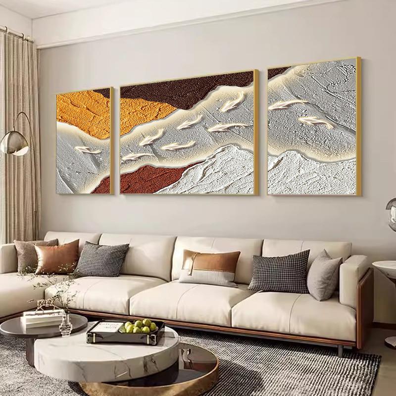 现货手绘油画《九鱼聚财》三联组合客厅沙发背景墙装饰画肌理挂画图片