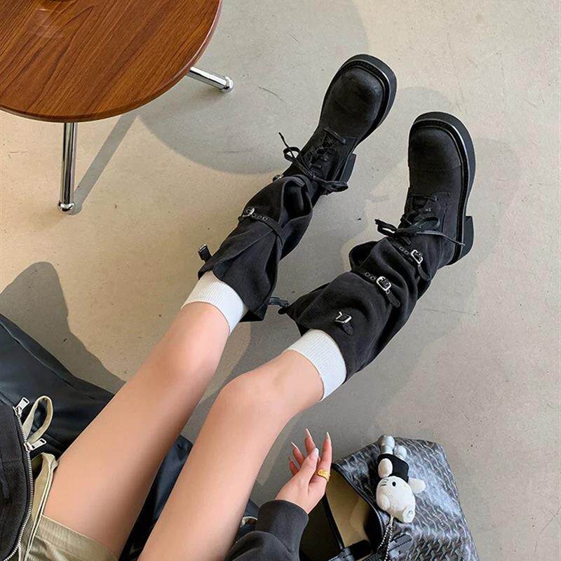 好货磨砂复古长筒靴女2026秋季新款皮带扣骑士靴不过膝两穿靴子长