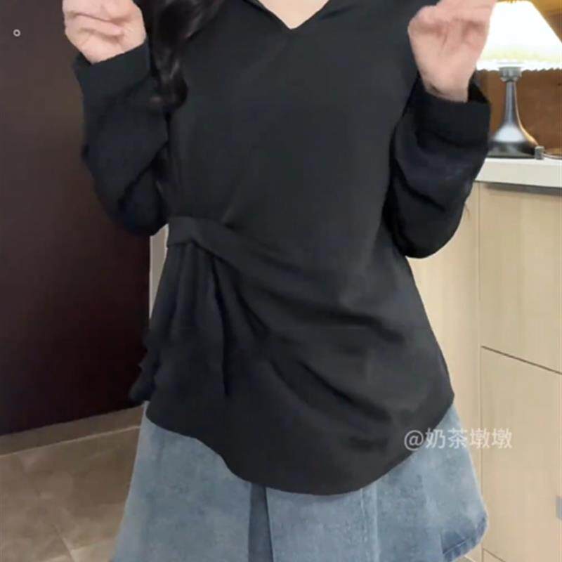 好货法式polo领雪纺长袖衬衫女秋装大码胖mm显瘦气质小众褶皱短款