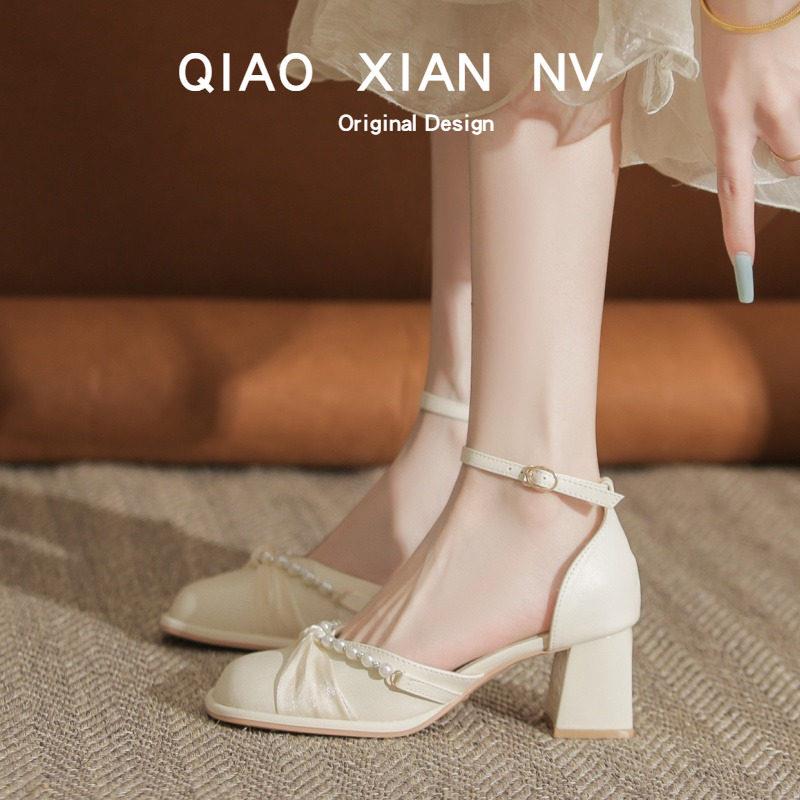 新品超软~包头玛丽珍凉鞋女鞋中空仙女风珍珠配裙子旗袍鞋皮鞋单