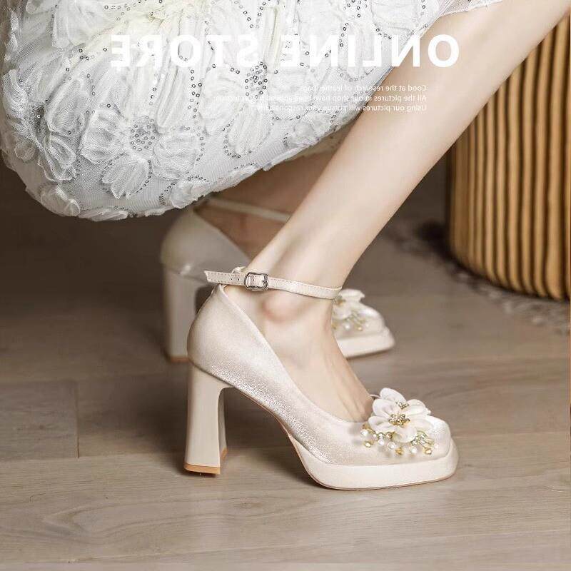 好货粗跟防水台高跟鞋女订婚鞋新娘鞋配婚纱礼服小个子伴娘单鞋不