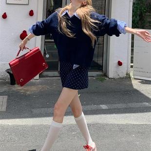 好货藏蓝色高级感v领浣熊绒毛衣外套女秋冬韩系慵懒风加厚软糯针