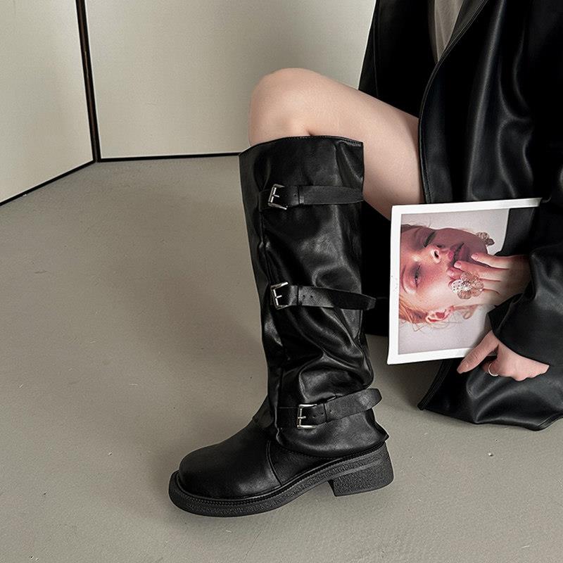 新品百搭堆堆长筒靴女皮带扣裤管靴女士2025秋季新款设计感牛仔骑