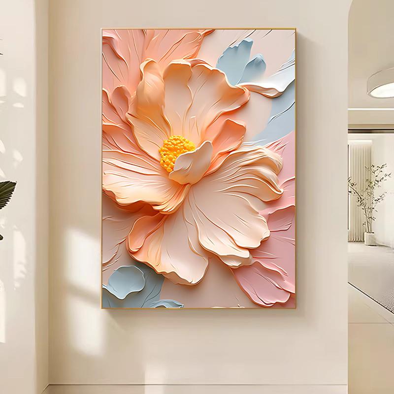 花卉奶油风浮雕立体感玄关装饰画抽象温馨入户正对门壁画客厅挂画图片