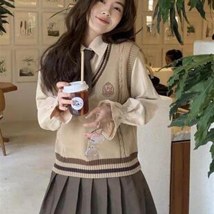 好货初中生女秋装学生少女学院风针织衫V领马甲背心JK毛衣外套马