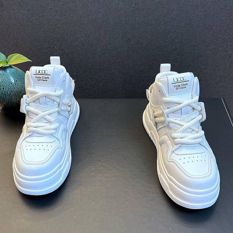新品高帮小白鞋男韩版潮流白色板鞋秋冬季新款短靴中帮马丁靴增高