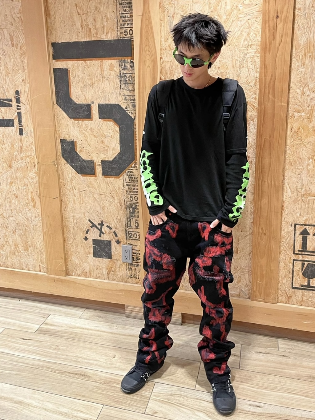 thumbnail for Endless Denim Lil Uzi 55 matching arm black and green print stitching fake two-piece waffle long sleeves