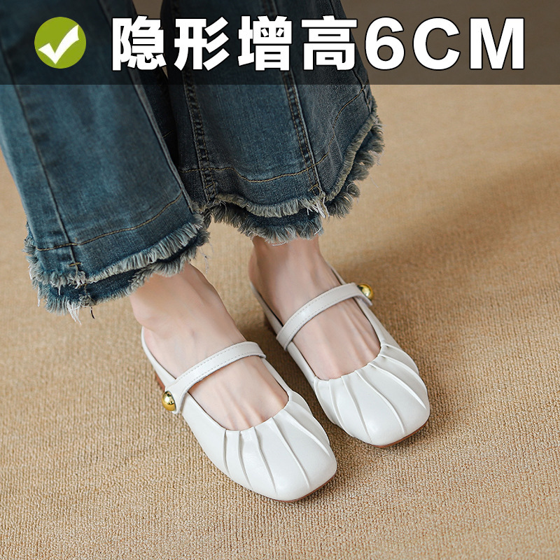 包头真皮穆勒半拖鞋女夏外穿打皱褶单鞋牛筋内增高懒人一脚蹬凉拖