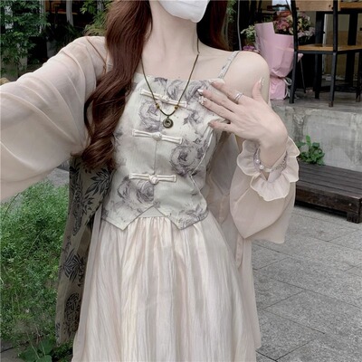 新中式国风裙套装女2025新款水墨画盘扣吊带防晒开衫小个子半身裙