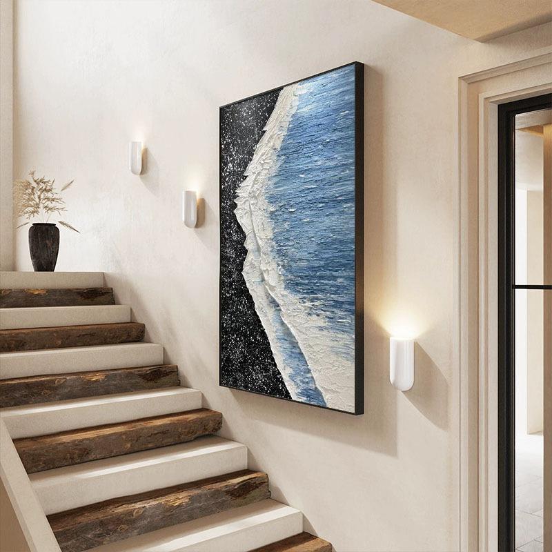 【折扣价】海纯手绘油画海景玄关装饰画丙烯肌砂岩滩理画酒办店公图片