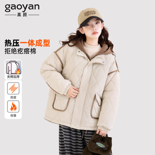 女大童棉服外套秋冬款2025新款加厚冬装假两件女孩纯色上衣初中生