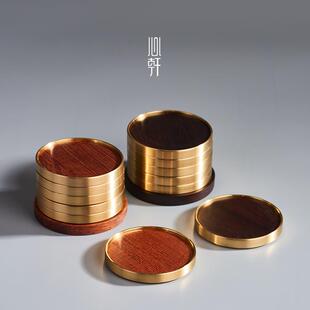 纯铜茶杯托黑檀木杯垫家用功夫茶具茶道配件隔热茶垫子6片装 心轩