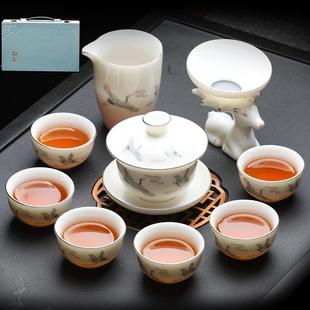 家用办公泡茶壶描金盖碗茶杯陶瓷高档轻奢送礼 羊脂玉功夫茶具套装