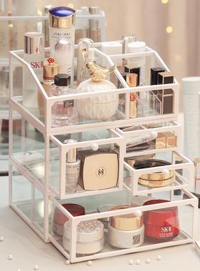 白色简约化妆品收纳盒桌面抽屉式化妆盒梳妆台护肤品置物架网红风
