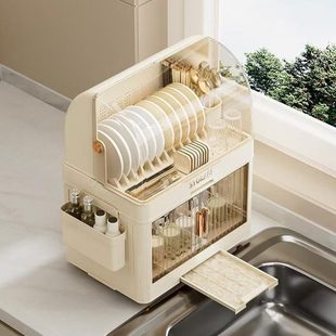 塑料餐具碗柜用品 厨房碗筷收纳家用全封闭带盖沥水置物架翻盖式