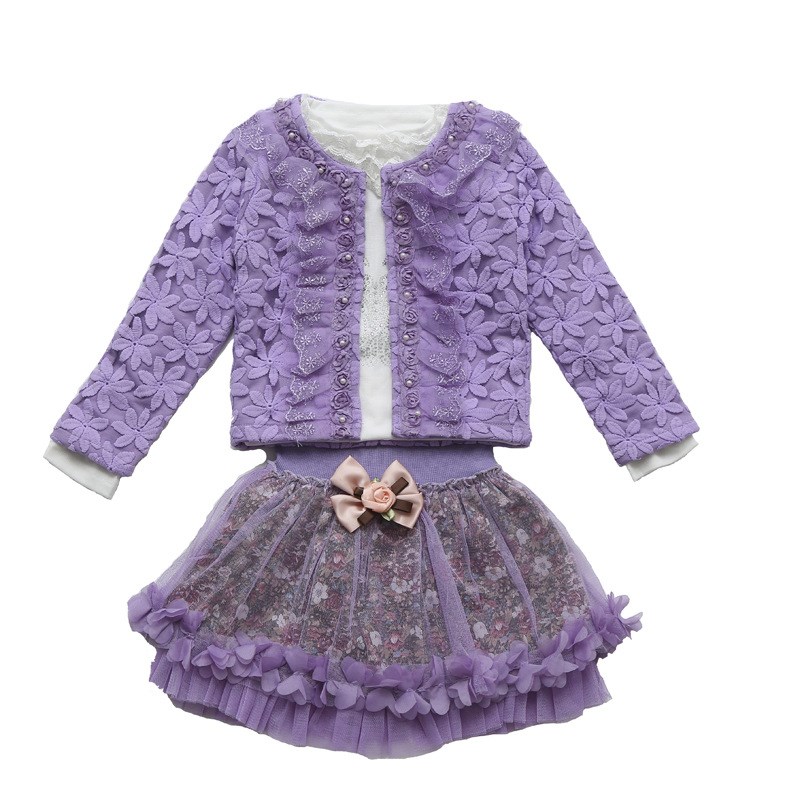 拆号码补货春秋童套装长袖花朵蕾丝三件套中童套裙5105重0.5x