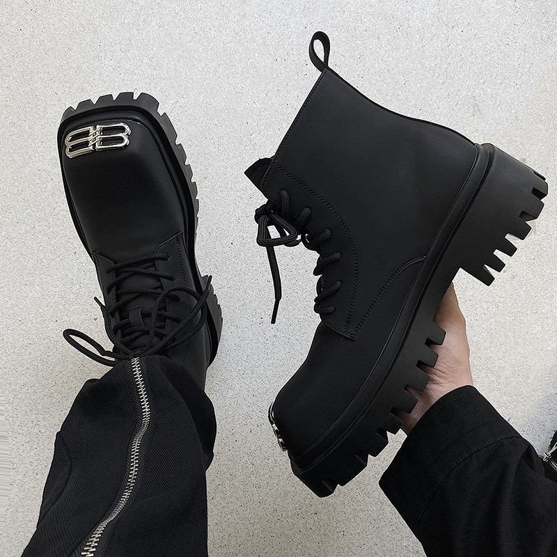 高级感方头金属装饰设计感高帮绑带男鞋靴潮流马丁靴小众厚底增高