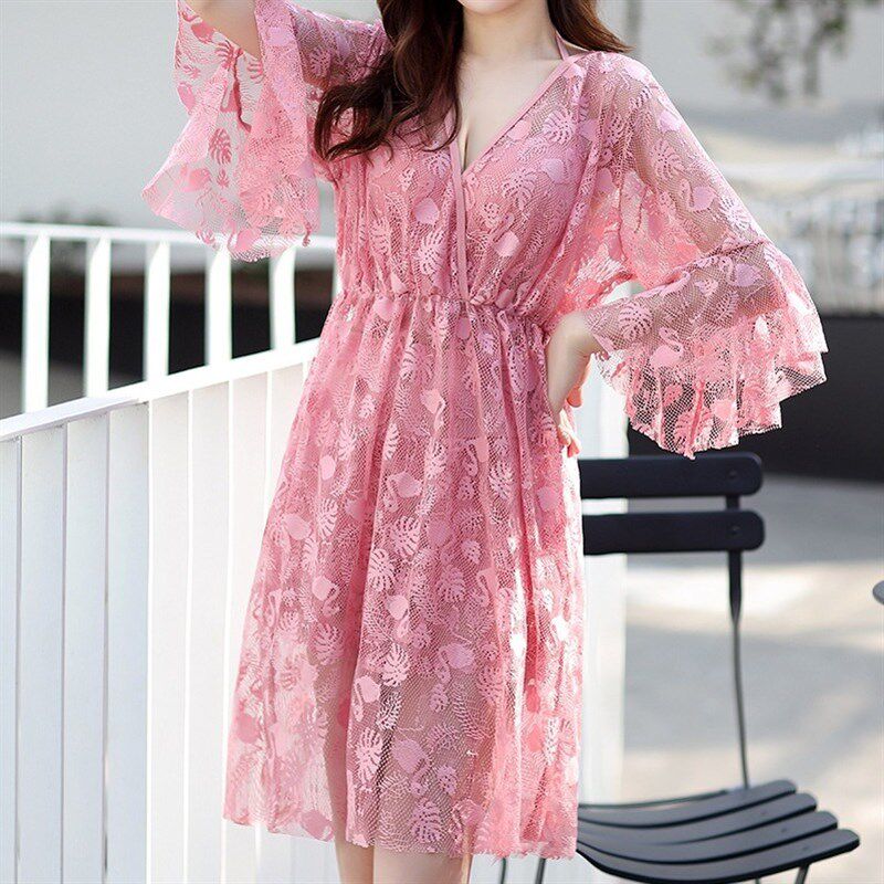 泳衣女胖女孩大码分体胖妹妹遮肚子玩水粉色蕾丝永泳装三件套罩衫