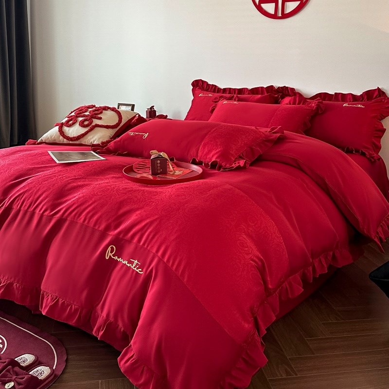简约陪嫁结婚四件套大红色新婚床单被套纯棉婚庆床上用品婚房喜被