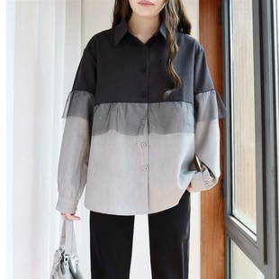 宽松正肩遮肉网纱拼接长袖 大码 洋气法式 女胖mm高级感春装 衬衣 衬衫