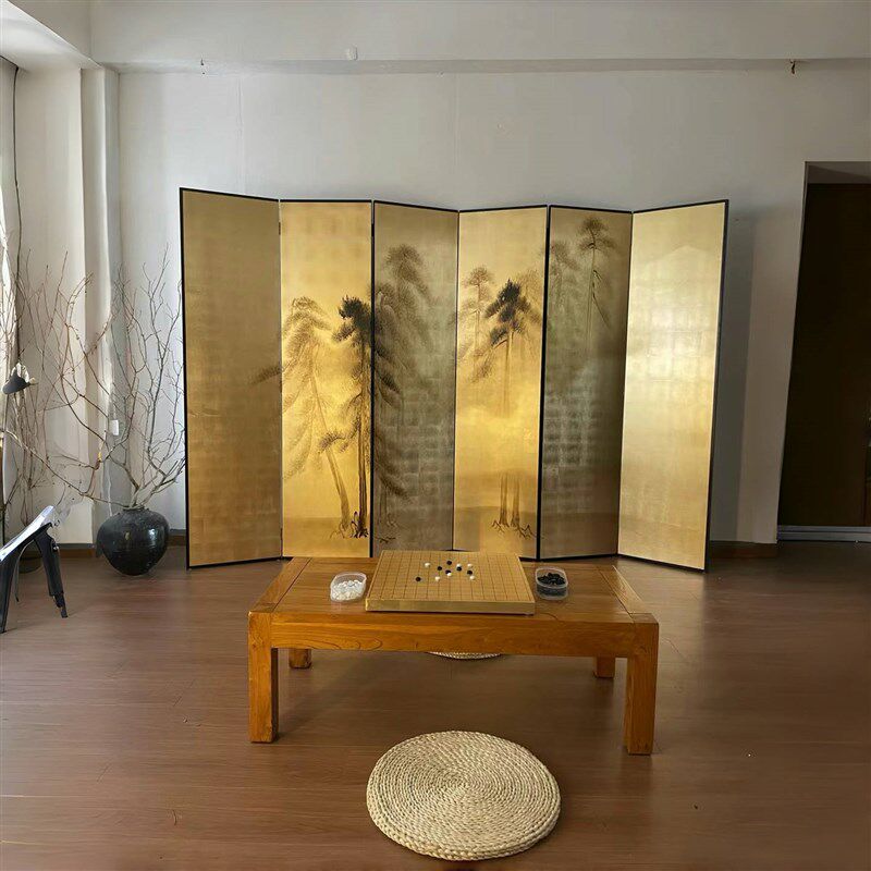 中古手绘金箔松林漆画屏风移动折屏侘寂风茶室隔断酒店背景墙定制