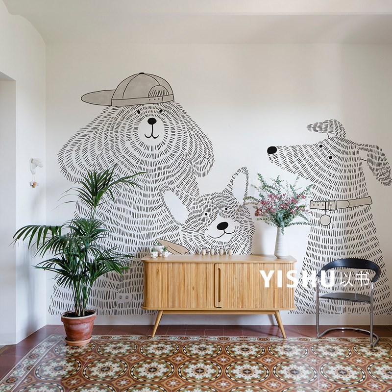 现代柯基狗狗艺术壁纸壁布客厅卧室背景墙纸墙布宠物室定制壁画