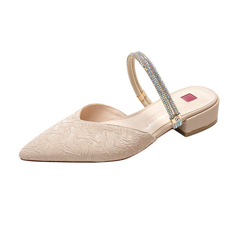 包头凉拖鞋女粗跟尖头水钻仙女大码凉鞋一字带低跟小码平底半拖鞋