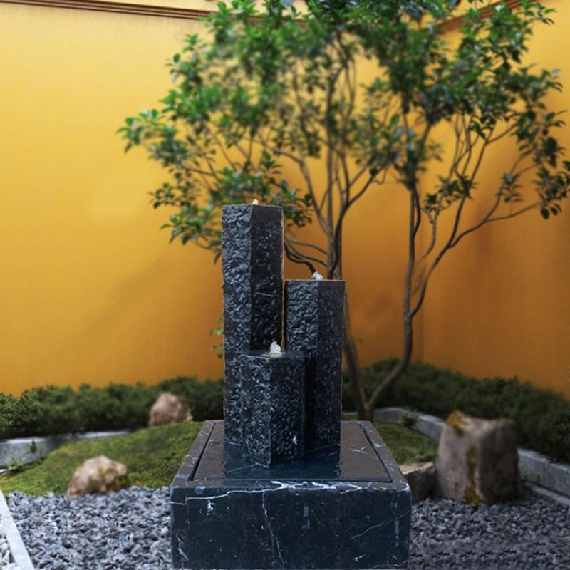 庭院流水景观造景黑山石日式石水钵花园室内阳台石雕自循环小喷泉