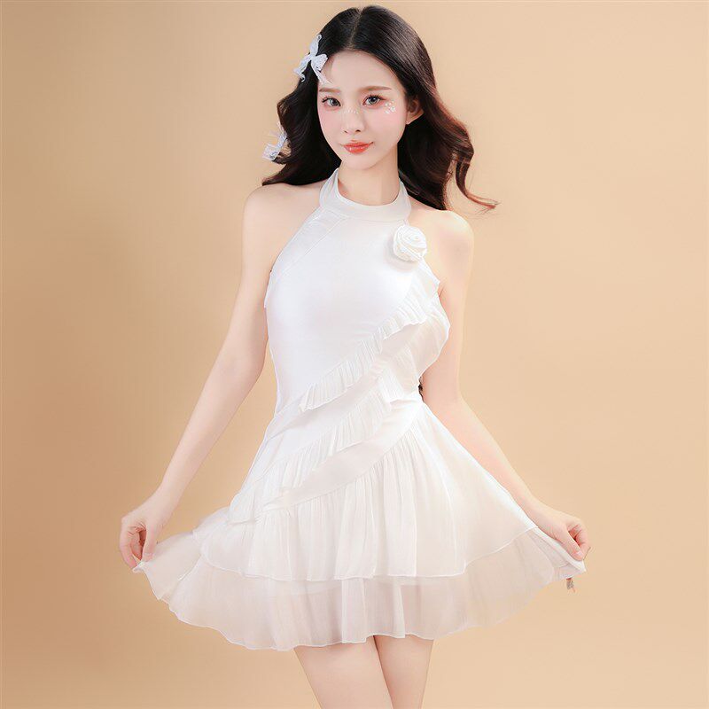 花房姑娘泳衣女高级感连体裙式平角白色仙女纯欲风绝美泡温泉度假