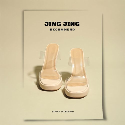 水晶透明跟凉鞋女夏2024年新款防水台一字带粗跟超高跟12cm高跟鞋