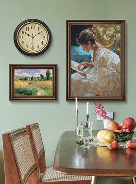 美式餐厅挂画带钟表客厅卧室背景墙装饰画餐桌壁画玄关走廊组合画