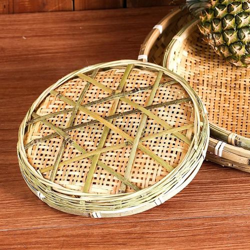 手工竹簸箕竹编制品篮筐农家托盘竹筛子圆形泰国菜盘带孔竹盘