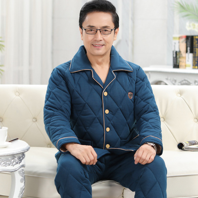 爸爸加厚超厚纯棉中老年睡衣秋冬款男士冬季老人冬天三层夹棉全棉