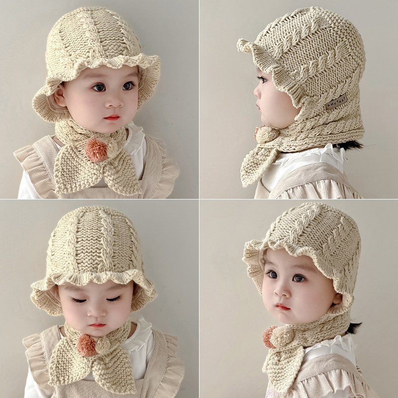宝宝帽子围脖一体秋冬韩国2024时尚百搭新款婴儿针织帽手工毛线帽