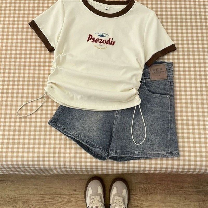 女中学生高腰牛仔短裤套装女童夏季新款中大童收腰简约短袖t恤