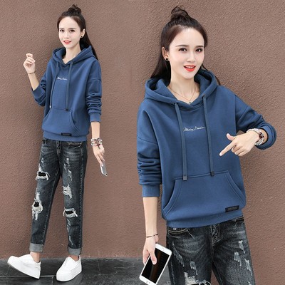 加绒加厚卫衣2021新款女冬季短款宽松高端墨绿色连帽保暖上衣外套