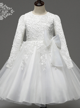 夏季女童礼服裙公主女童连衣裙白色花童婚纱裙蕾丝蓬蓬裙表演裙