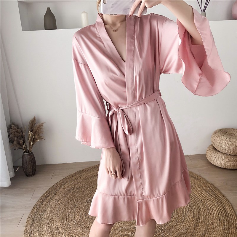 春秋季仿丝吊带睡裙睡袍性感丝绸睡衣女秋冬款两件套装长袖薄款夏