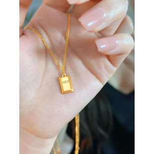 18k金包银小金条项链女纯银镀黄金色实心小金砖锁骨链金块吊坠