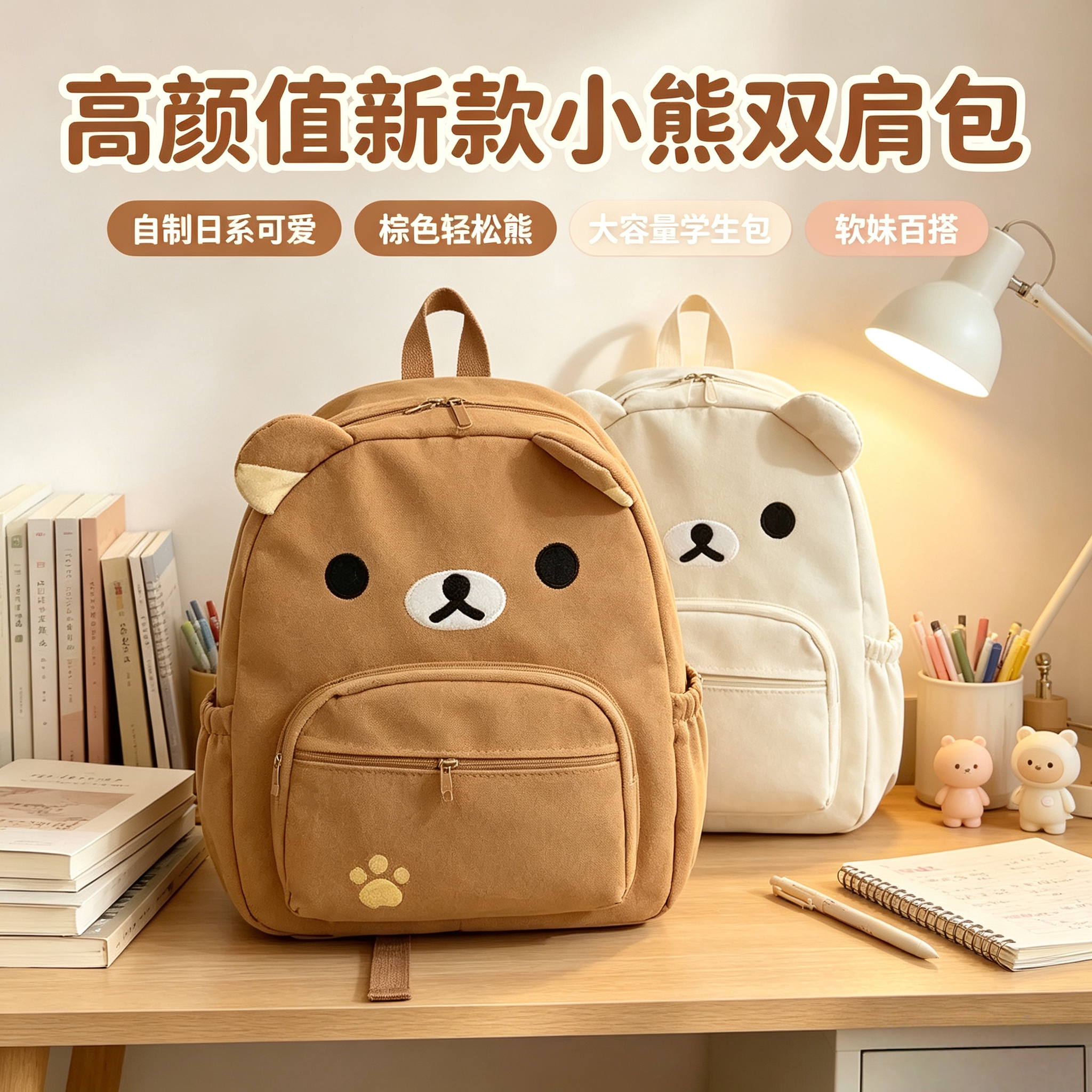 新款日系可爱棕色奶白小熊大容量百搭学生软妹双肩包轻松熊双肩包