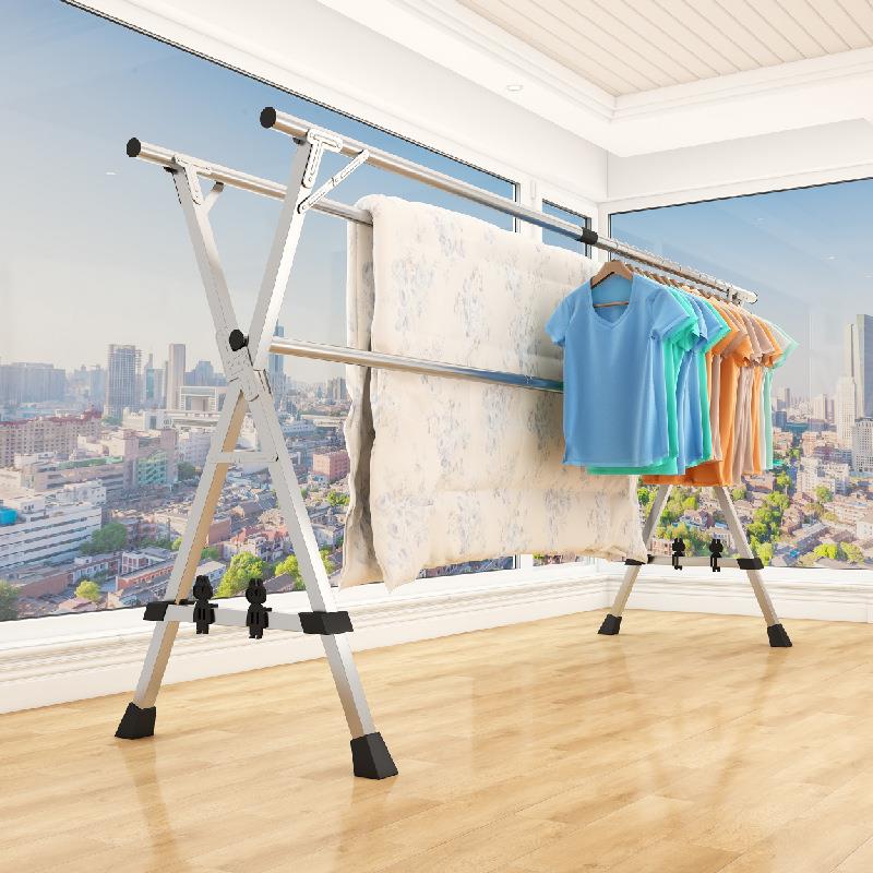 晾衣架落地室内外卧室宿舍伸缩不锈钢双杆折叠挂衣架杆式阳台晾被