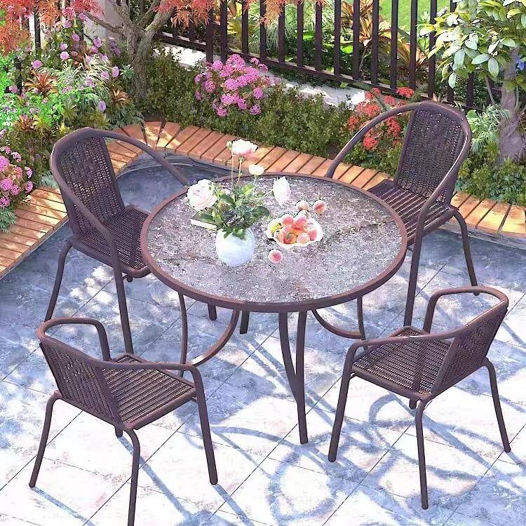 户外桌椅带伞藤椅三件套室外椅子露天休闲阳台小茶几铁艺庭院桌椅