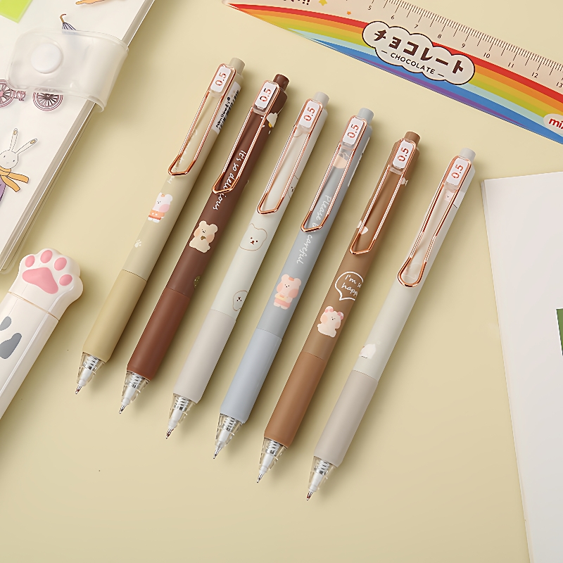 晨兮卡通嘟嘟熊按动6支套装中性笔学生钢丝夹跳动水性笔盒装笔芯